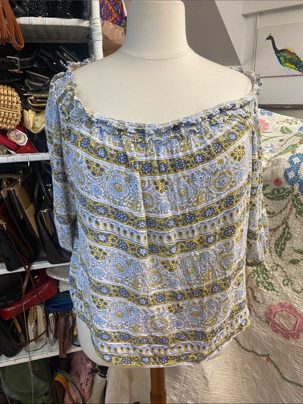 Lane Bryant- Off Shoulder -Rayon -Floral Paisley Blouse in Blue and Yellow